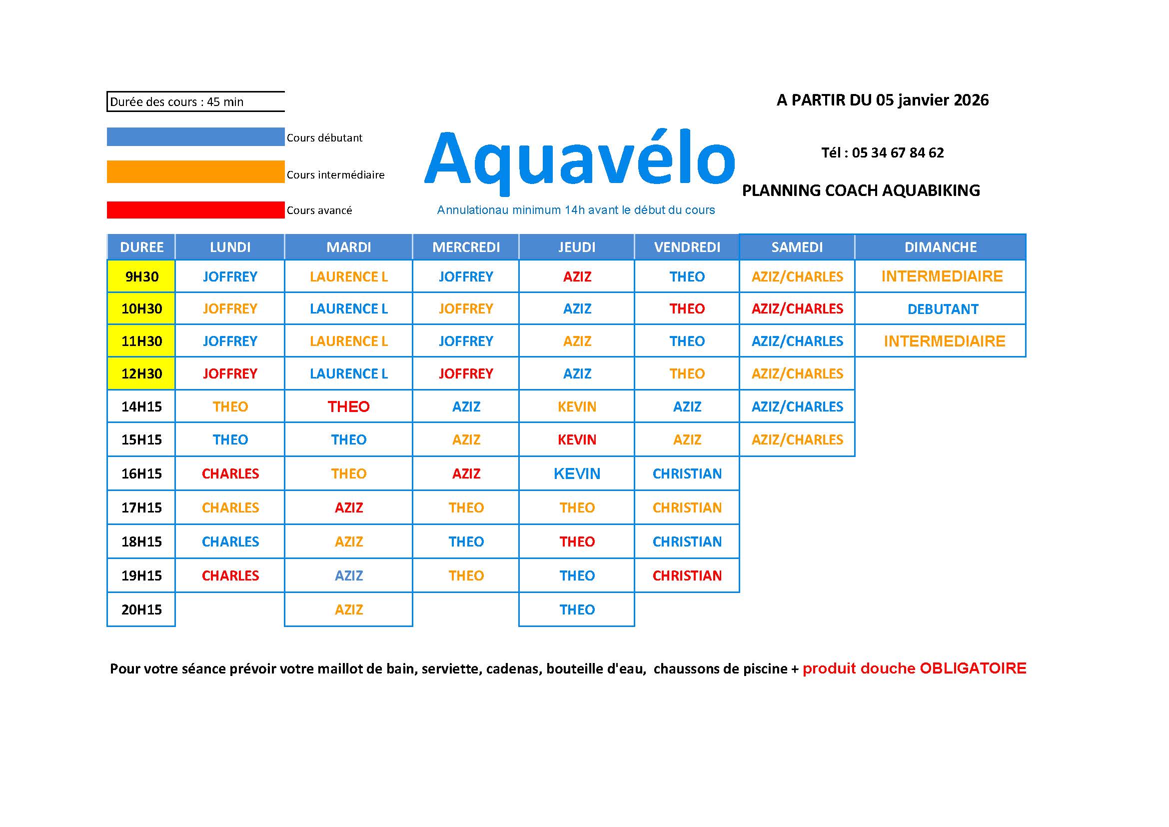 Planning hebdomadaire cours aquabiking aquagym Toulouse
